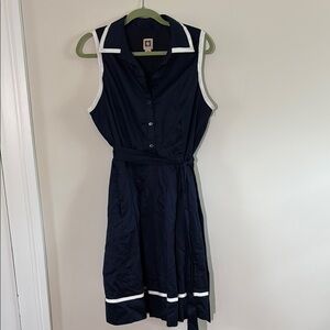 Anne Klein Navy Blue Sleeveless Dress with White Trim size 14